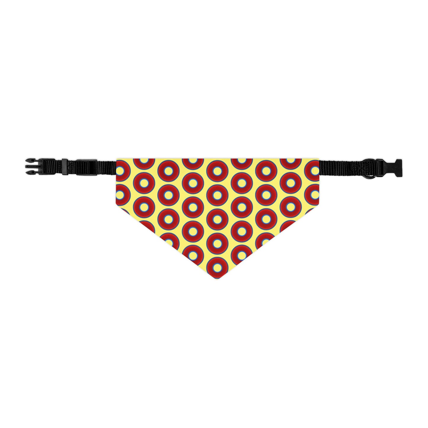 Jim's Lumpy Bandana Pet Collar - vivid red donuts w/yellow background