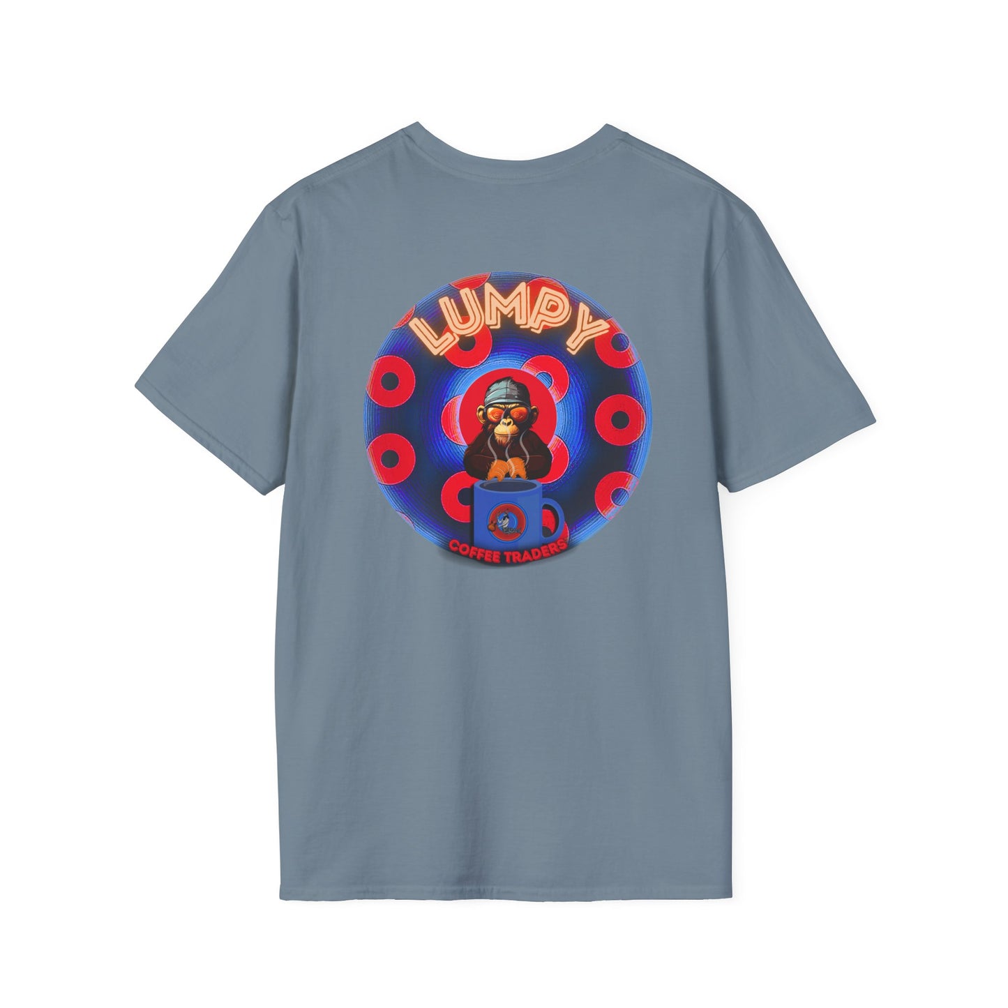 Coffee Traders Tee - Unisex Soft-Style - "Tasty Coffee" - paradoxical donut/rustic red donut - variant 1 - tasty front/logo back