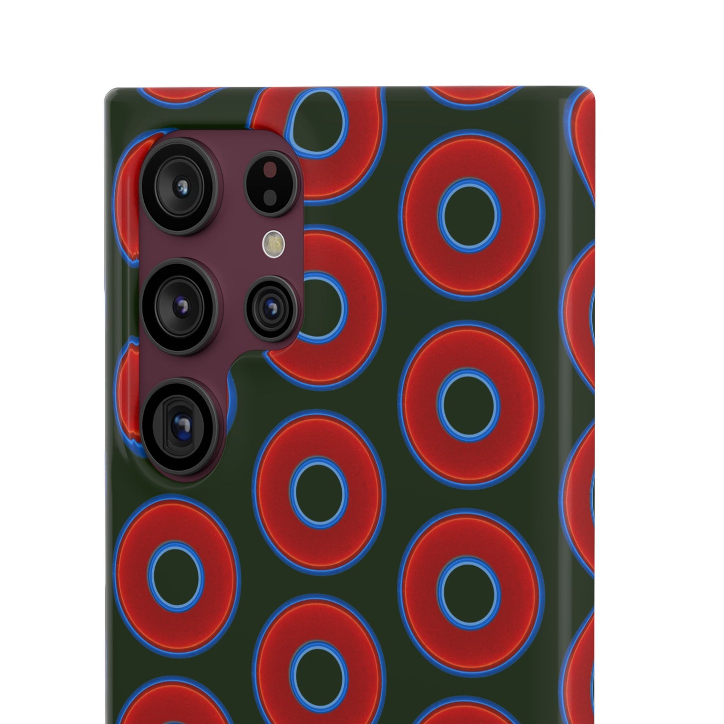 Lumpy Donut Snap Case - red vivid donut print w/deep forest green background