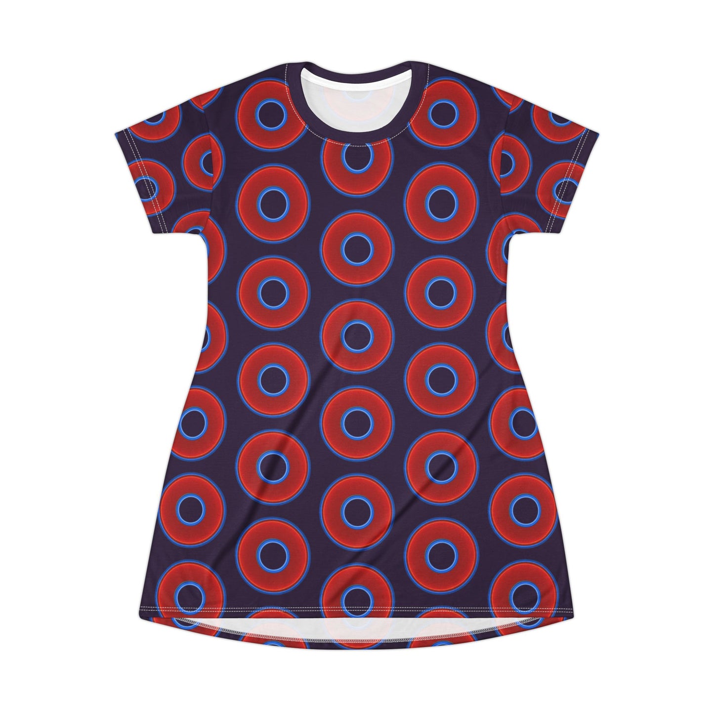 Not a Muumuu AOP Tee Shirt Dress - red vivid donuts w/midnight purple background
