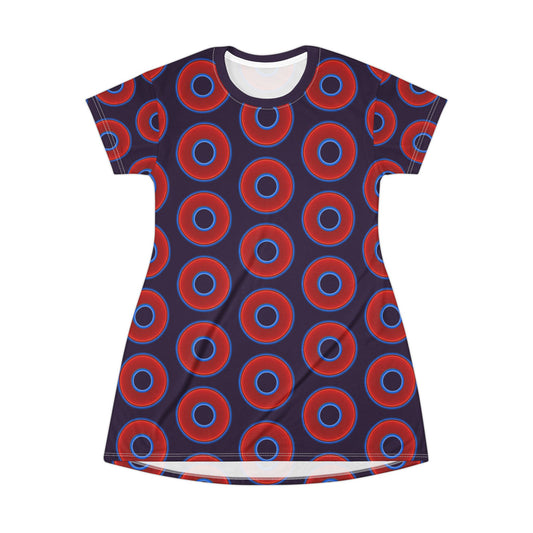 Not a Muumuu AOP Tee Shirt Dress - red vivid donuts w/midnight purple background