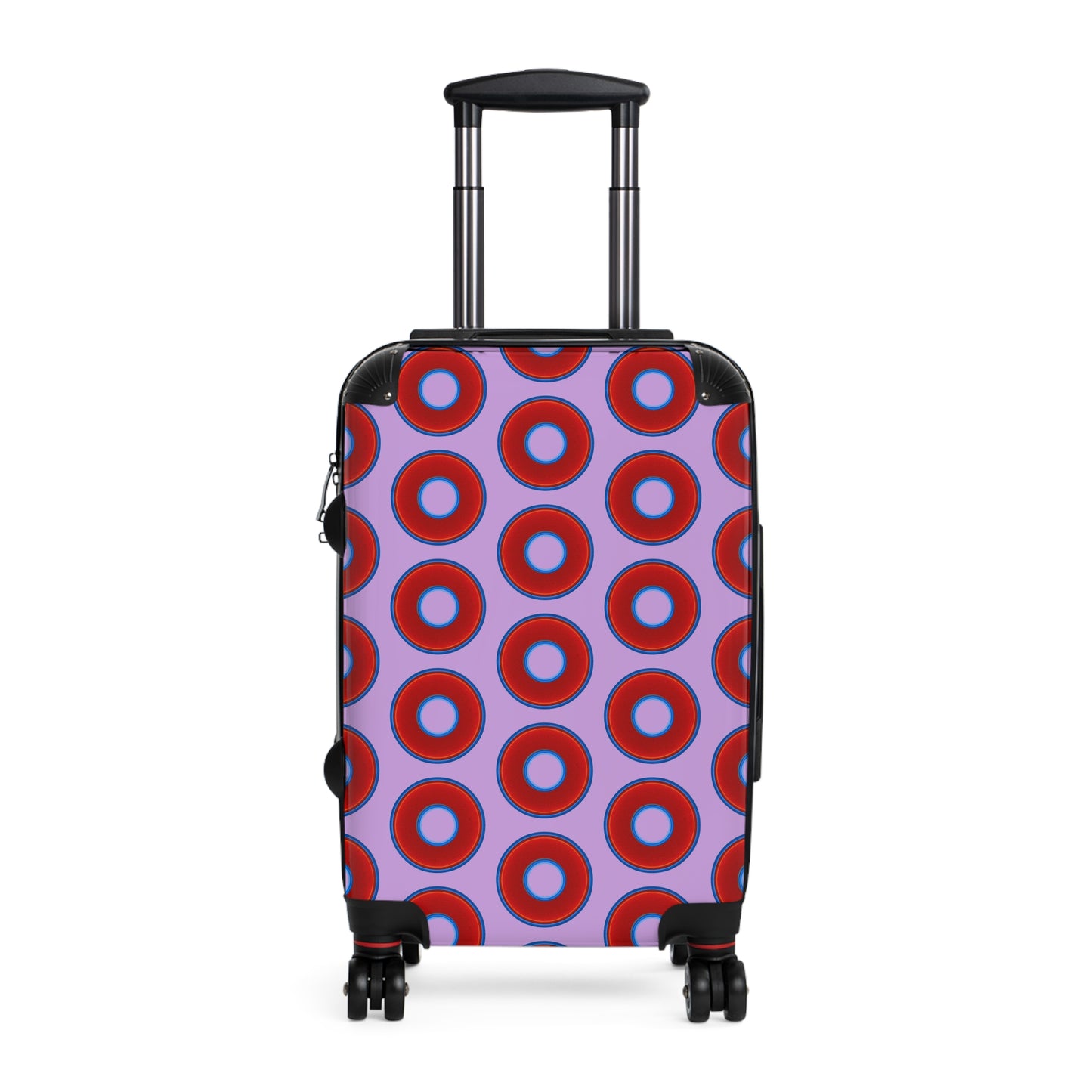 The Very Lumpy Donut Suitcase series - your choice of S, M or L - vivid red donut print w/wisteria purple background