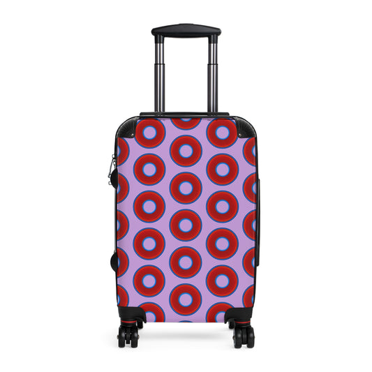 The Very Lumpy Donut Suitcase series - your choice of S, M or L - vivid red donut print w/wisteria purple background