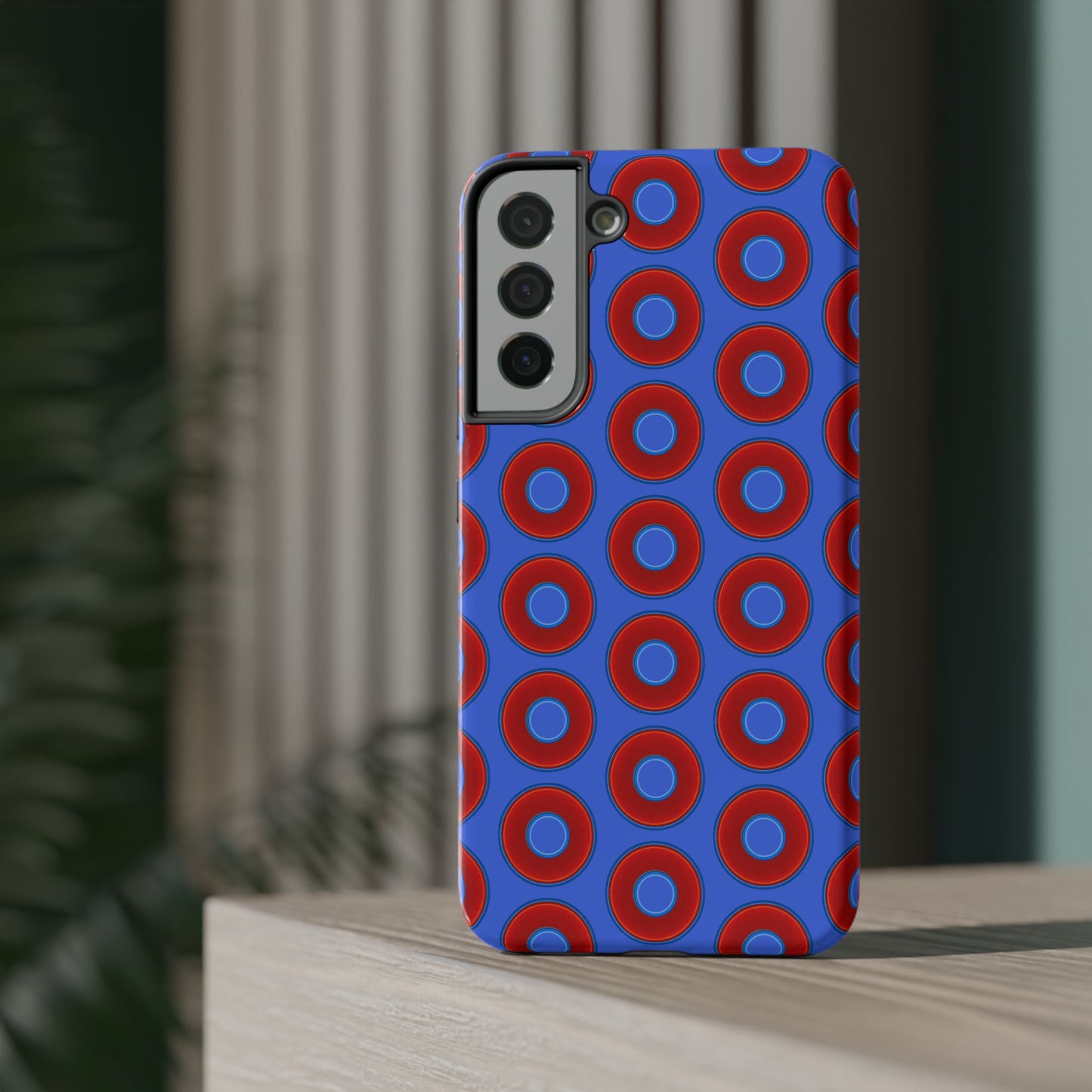 Impact-Resistant Lumpy Donut Case - red vivid donut print w/royal blue background