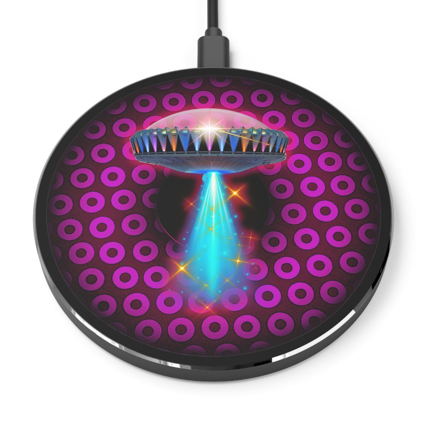 The Flow - Wireless Lumpy Donut Chargers - "They Have Wireless Charging on the Mothership Now" - paradoxical burgundy/magenta donut w/black background - variant 3