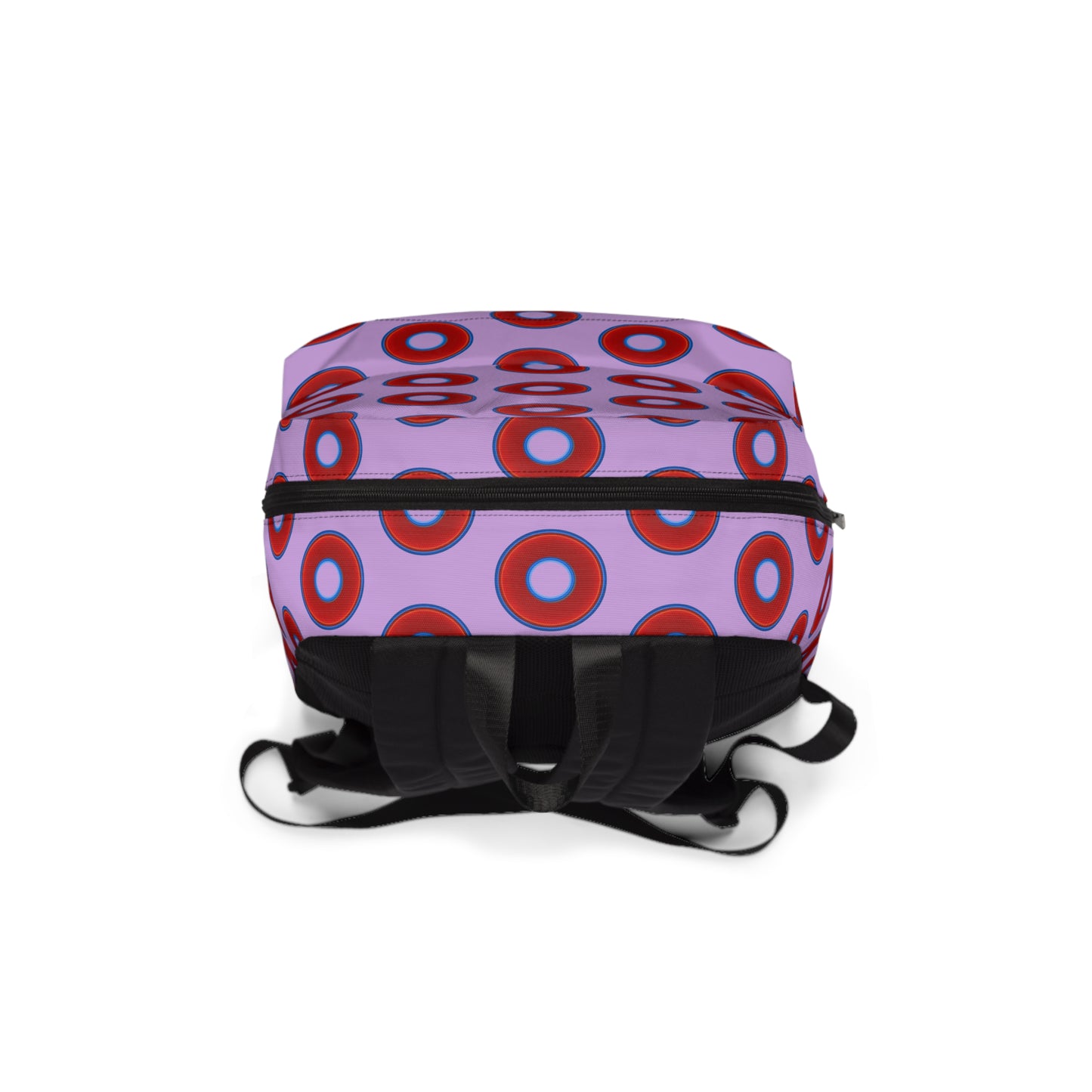 Donut Backpack - red vivid donuts w/wisteria purple background