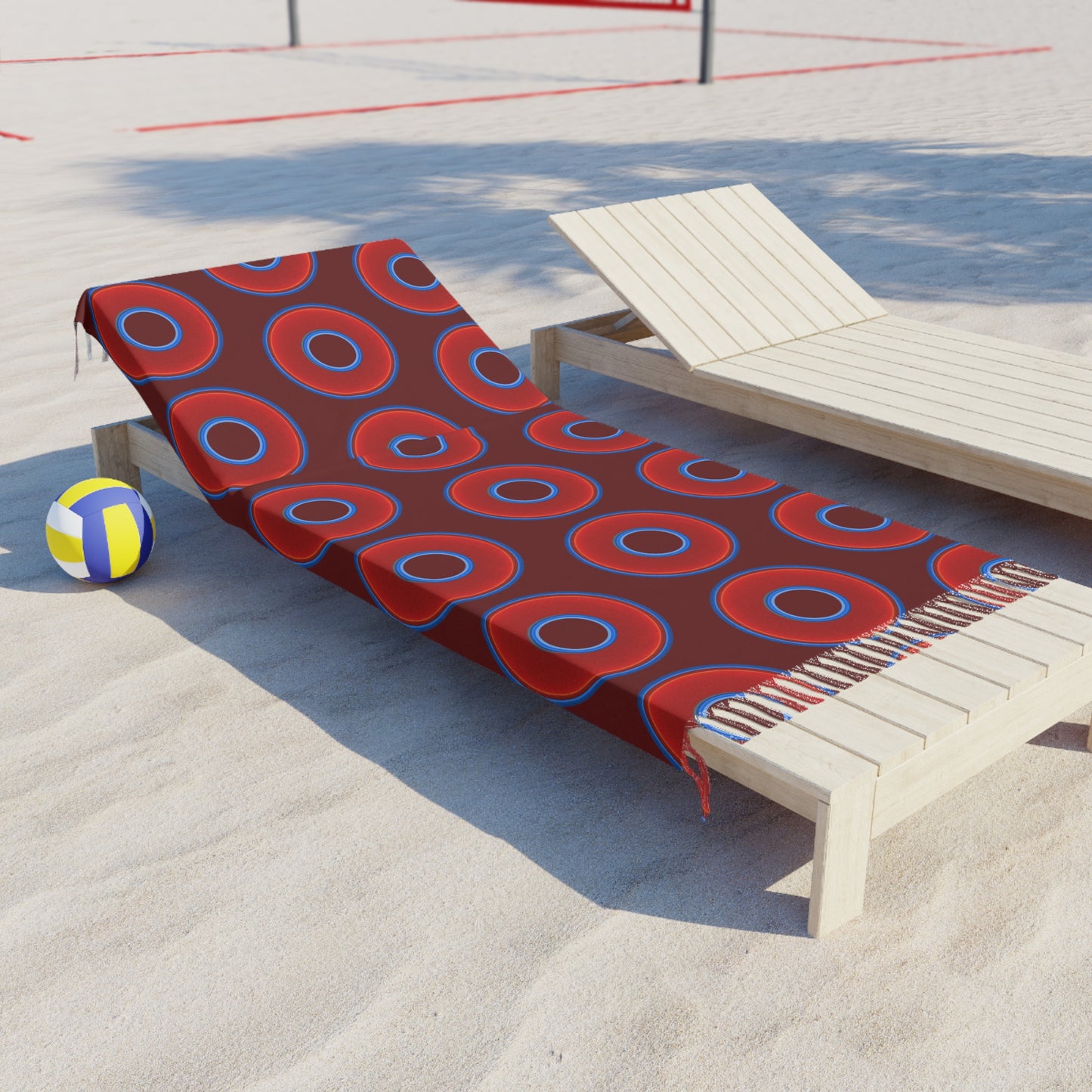 Oversized Lumpy Beach Towel - vivid red donuts w/dark red background