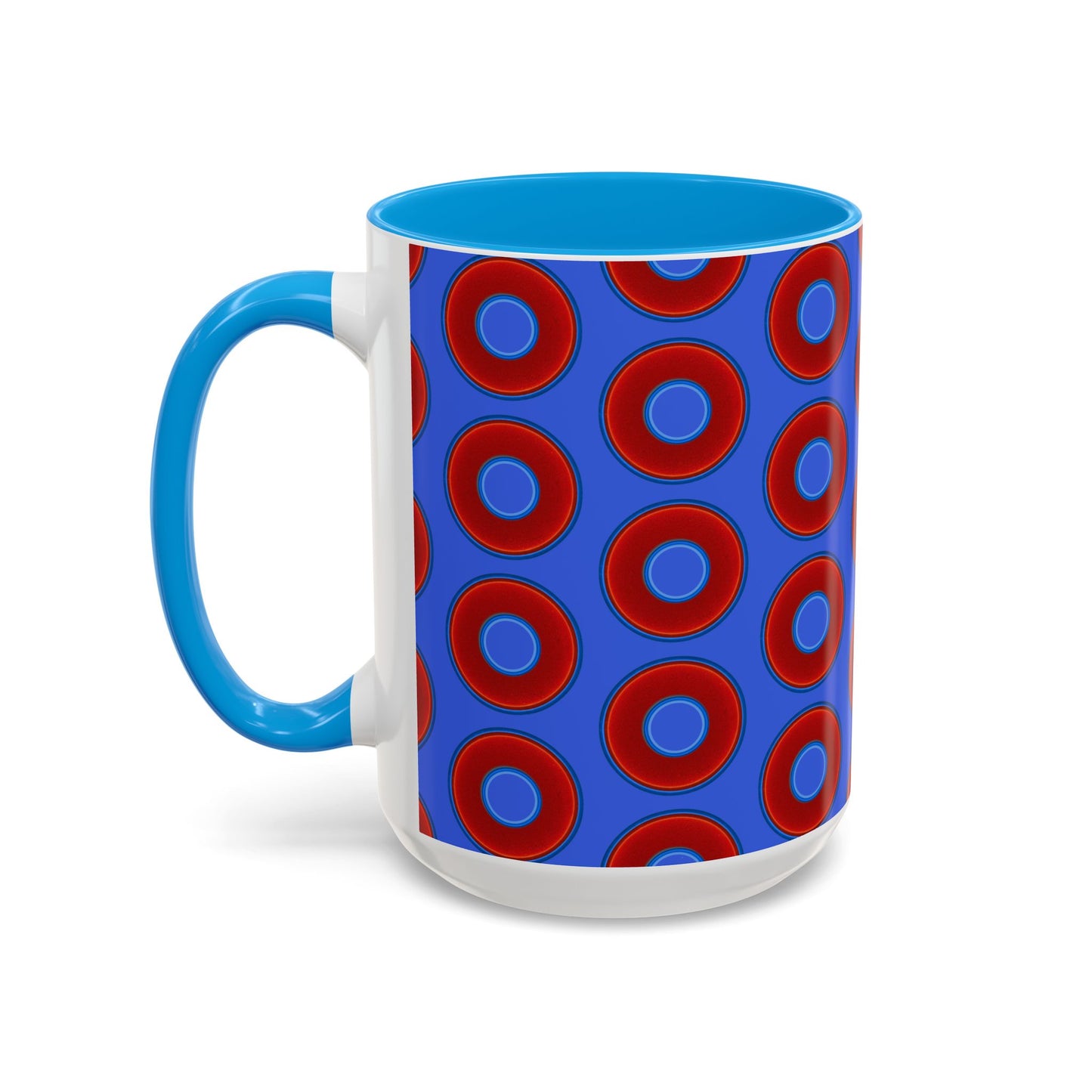 Lump's Grumpy Coffee Mug - vivid red donuts w/royal blue background