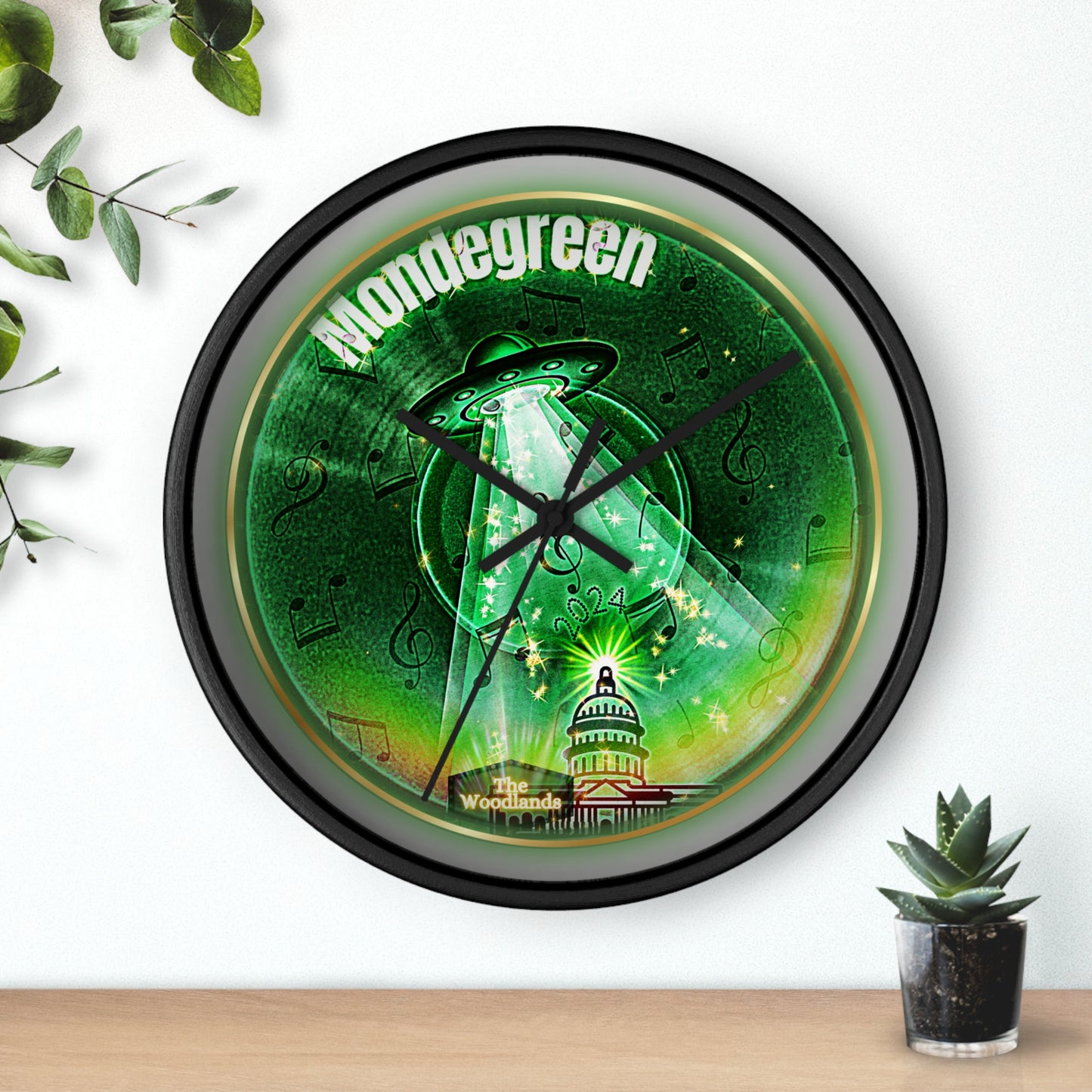 Lumpy Wall Clock - "Close Encounters of the Delaware Kind" - variant 2 - vivid green donut w/light gray background