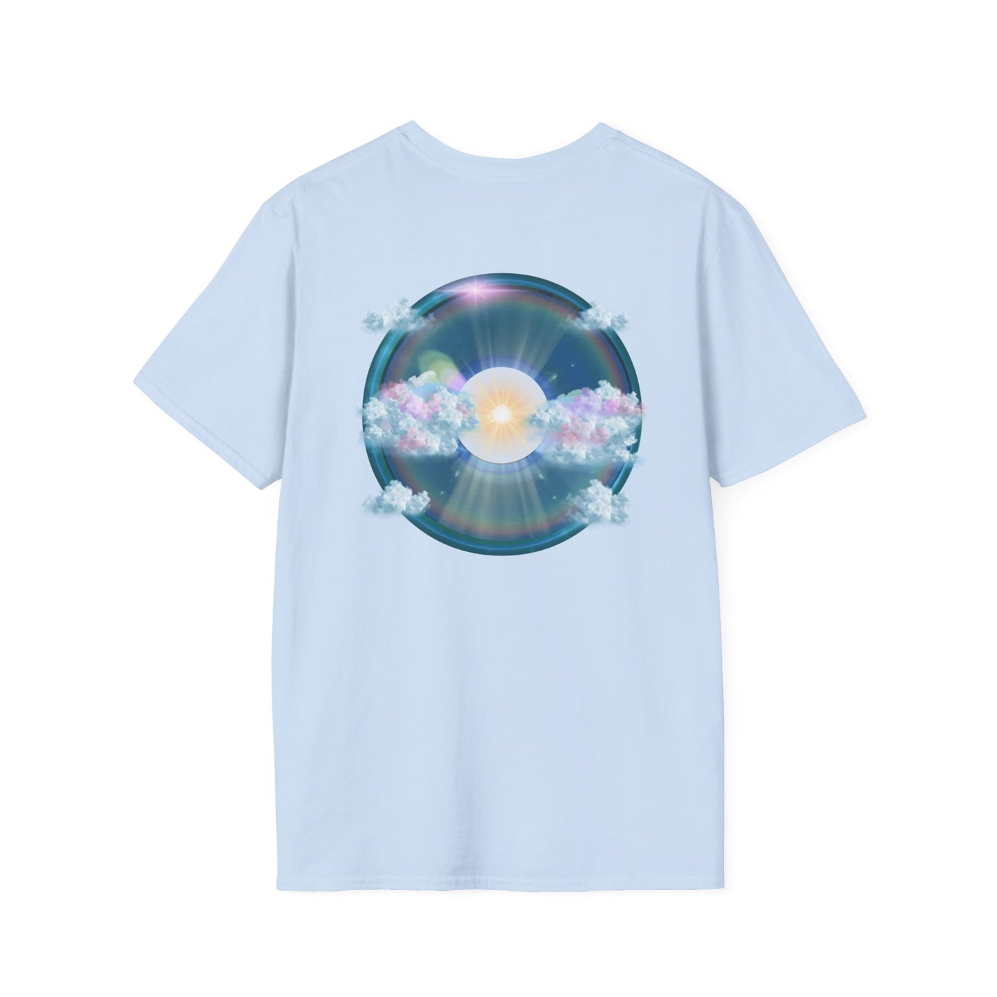 Classic Donut Tee - Unisex Soft-Style - "The Divided Donut" - variant 2 - blue donut  w/hole & sun [*50% to The Divided Sky Foundation]