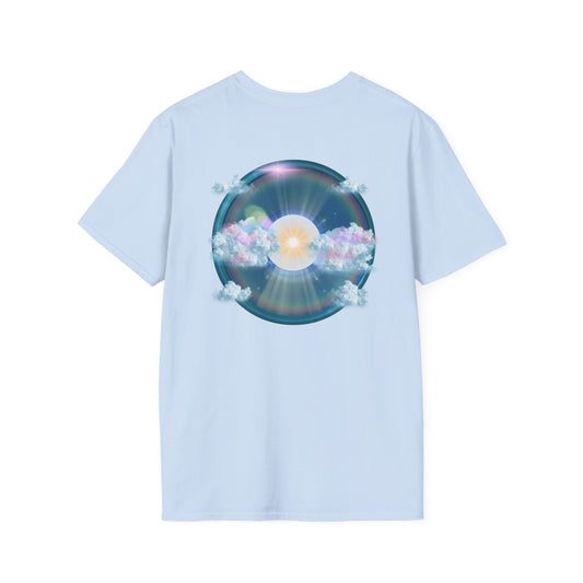 Classic Donut Tee - Unisex Soft-Style - "The Divided Donut" - variant 2 - blue donut  w/hole & sun [*50% to The Divided Sky Foundation]