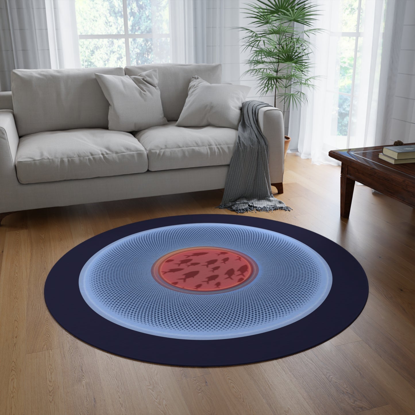 Round Room - 5 ft x 5 ft Lumpy Donut Rug - "Swimming by this Rug" - light blue/red phatty donut w/black background - variant 2