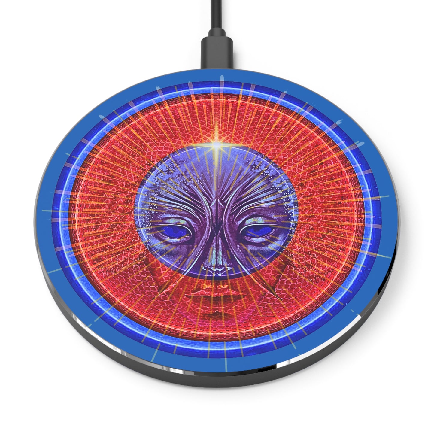 The Flow - Wireless Lumpy Donut Chargers - "Conjurers of Awesome Wireless Power" - rustic red donut w/dark royal blue background - variant 1