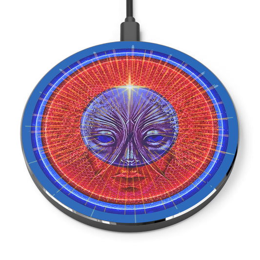 The Flow - Wireless Lumpy Donut Chargers - "Conjurers of Awesome Wireless Power" - rustic red donut w/dark royal blue background - variant 1