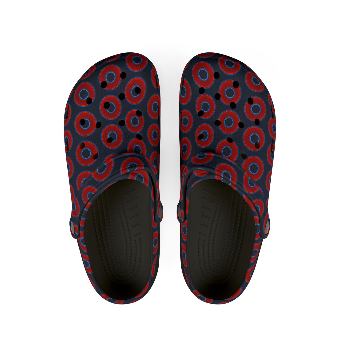 Spatchcocks - donut slip-on shoes - vivid red donuts w/midnight teal blue elite background [unisex]