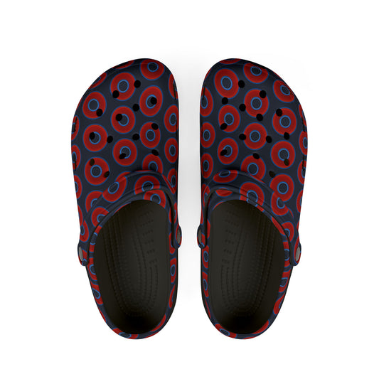 Spatchcocks - donut slip-on shoes - vivid red donuts w/midnight teal blue elite background [unisex]