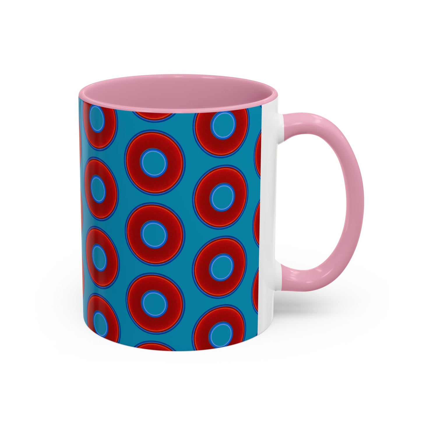 Lump's Grumpy Coffee Mug - vivid red donuts w/aquamarine blue background