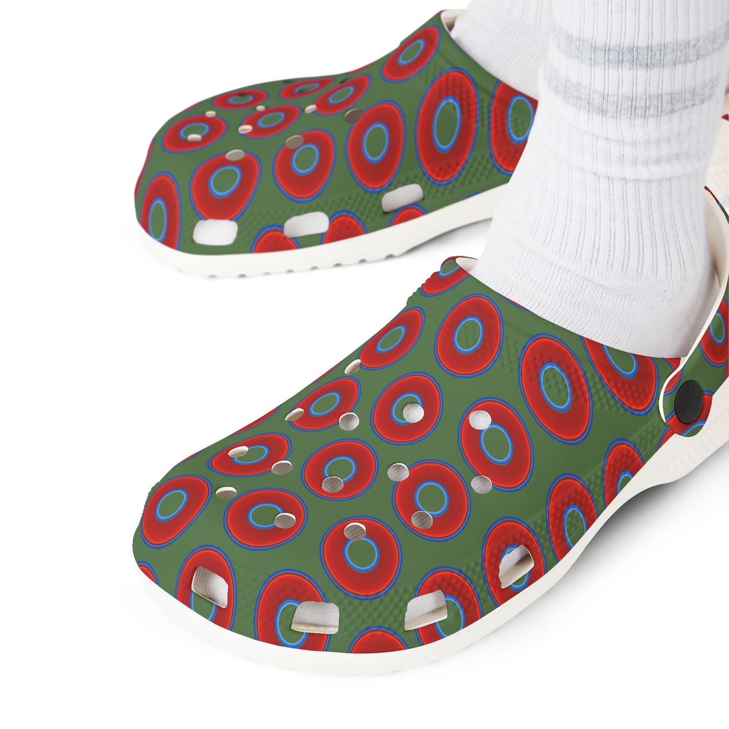 Spatchcocks - donut slip-on shoes - vivid red donuts w/dark Fenway green background [unisex]