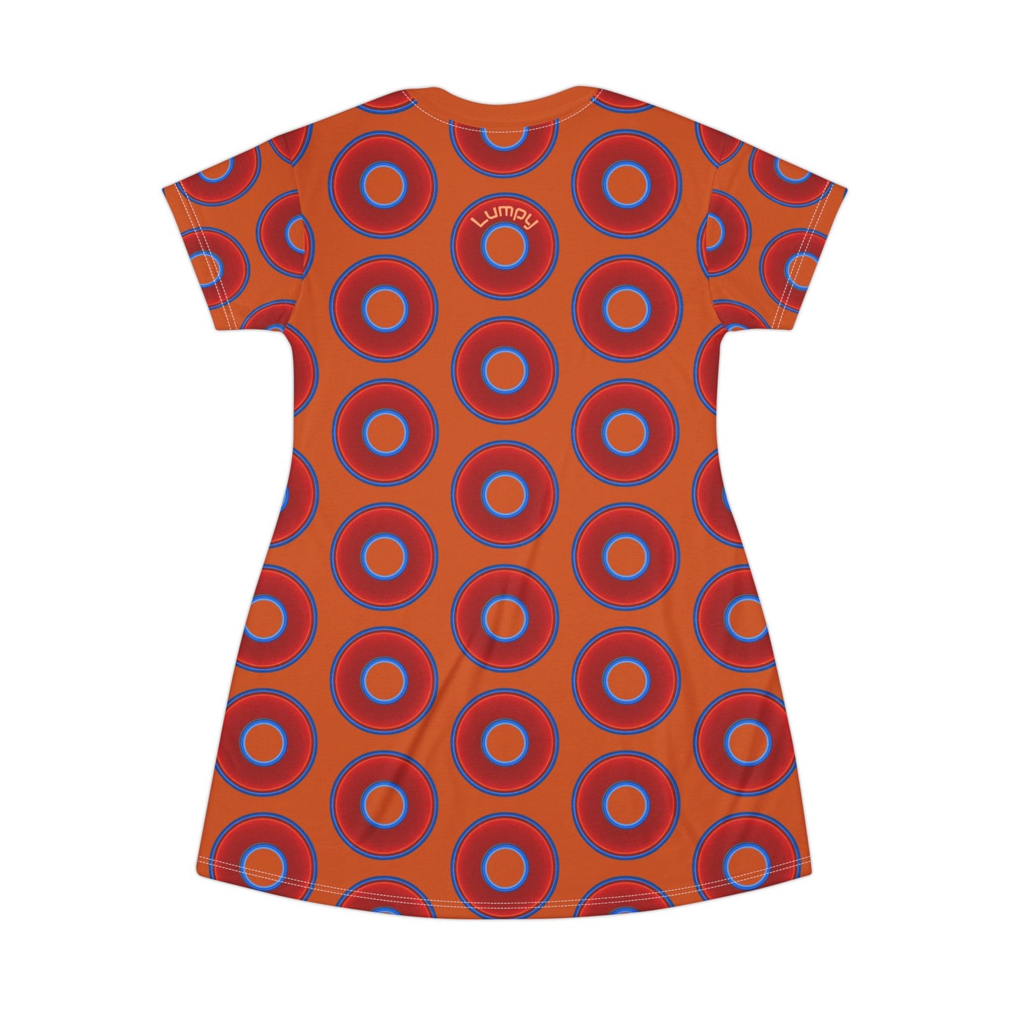 Not a Muumuu AOP Tee Shirt Dress - red vivid donuts w/dark orange background