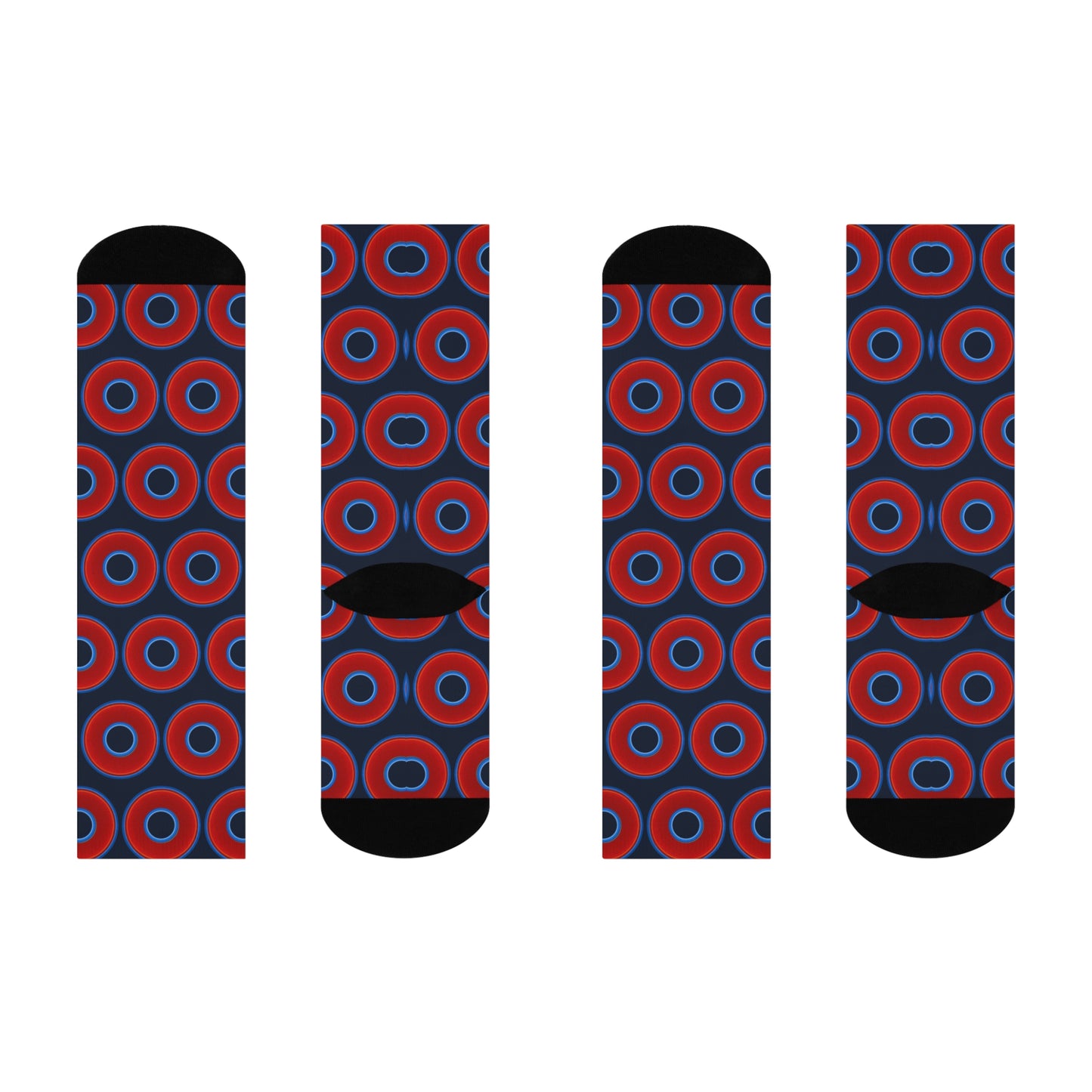 Lumpy Sox - cushioned crew - vivid red donut print w/dark teal blue elite background