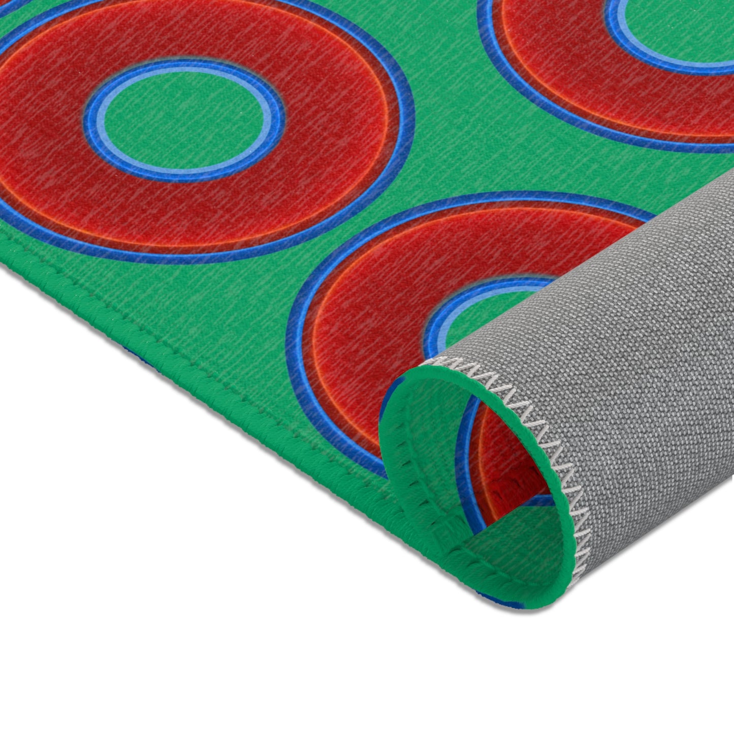 Lumpy Donut Print Rug - choice of 3 sizes - vivid red donut print w/jade green background