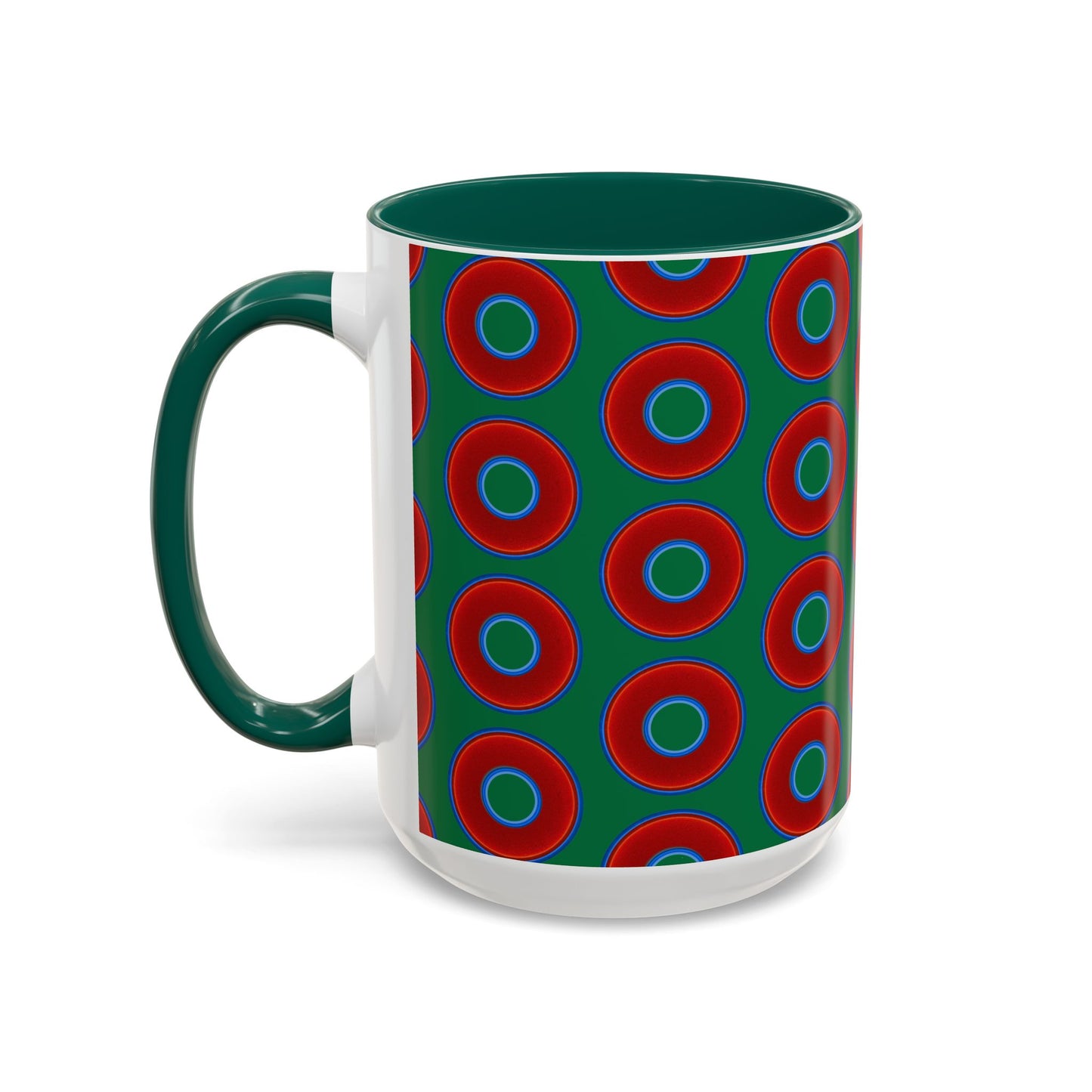 Lump's Grumpy Coffee Mug - vivid red donuts w/green background