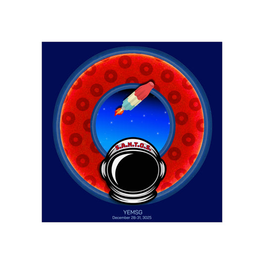 Lumpy Poster Nuts - "This is What Donuts Smell Like in Space - YEMSG Rocket Pop" - 24" x 24" 220gsm Giclée/matte  - rustic blue/red donut on dark blue background