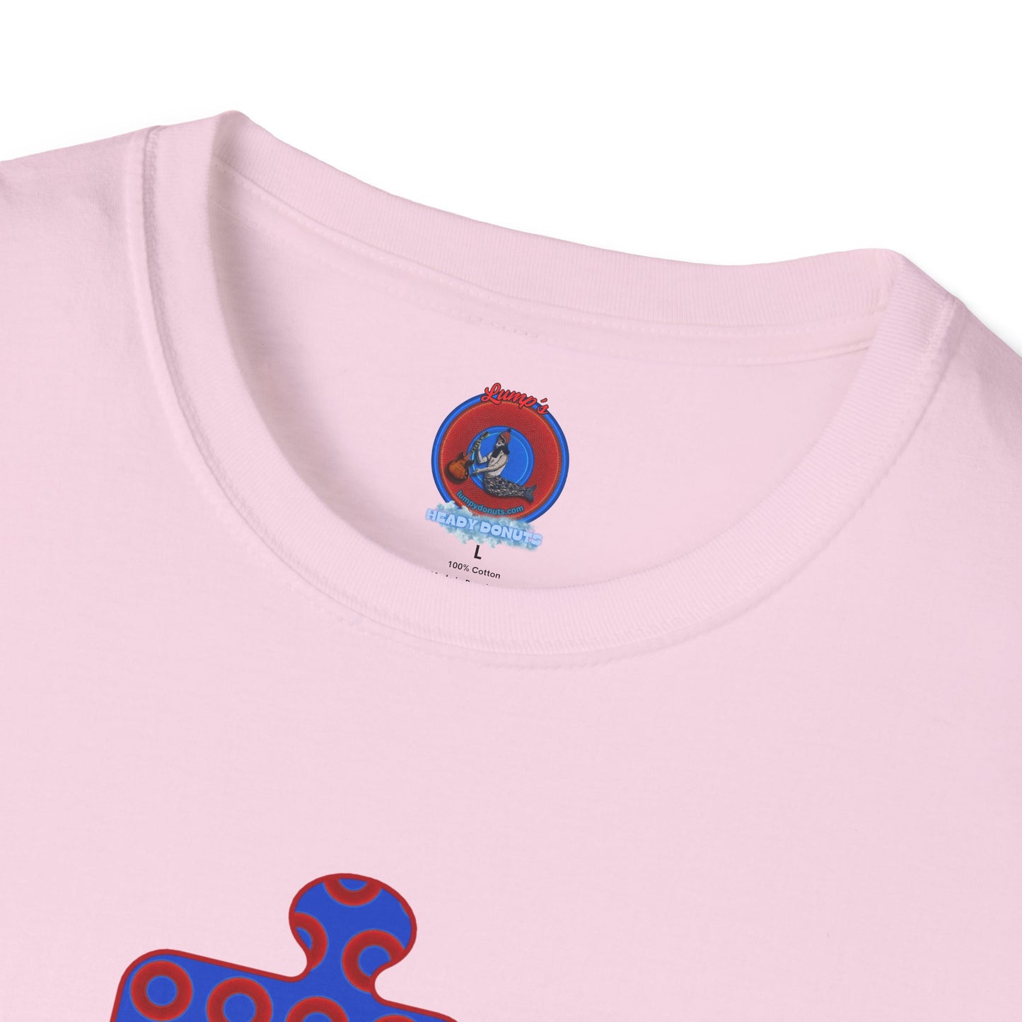 Classic Donut Tee - Unisex Soft-Style - "Trey's Completed Donut Pattern" - vivid red/blue puzzle pattern - variant 2