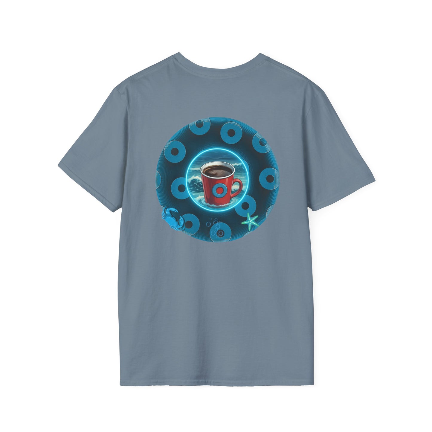 Classic Donut Tee - Unisex Soft-Style - "The Leaky Cup" - paradoxical blue/teal ocean donut -