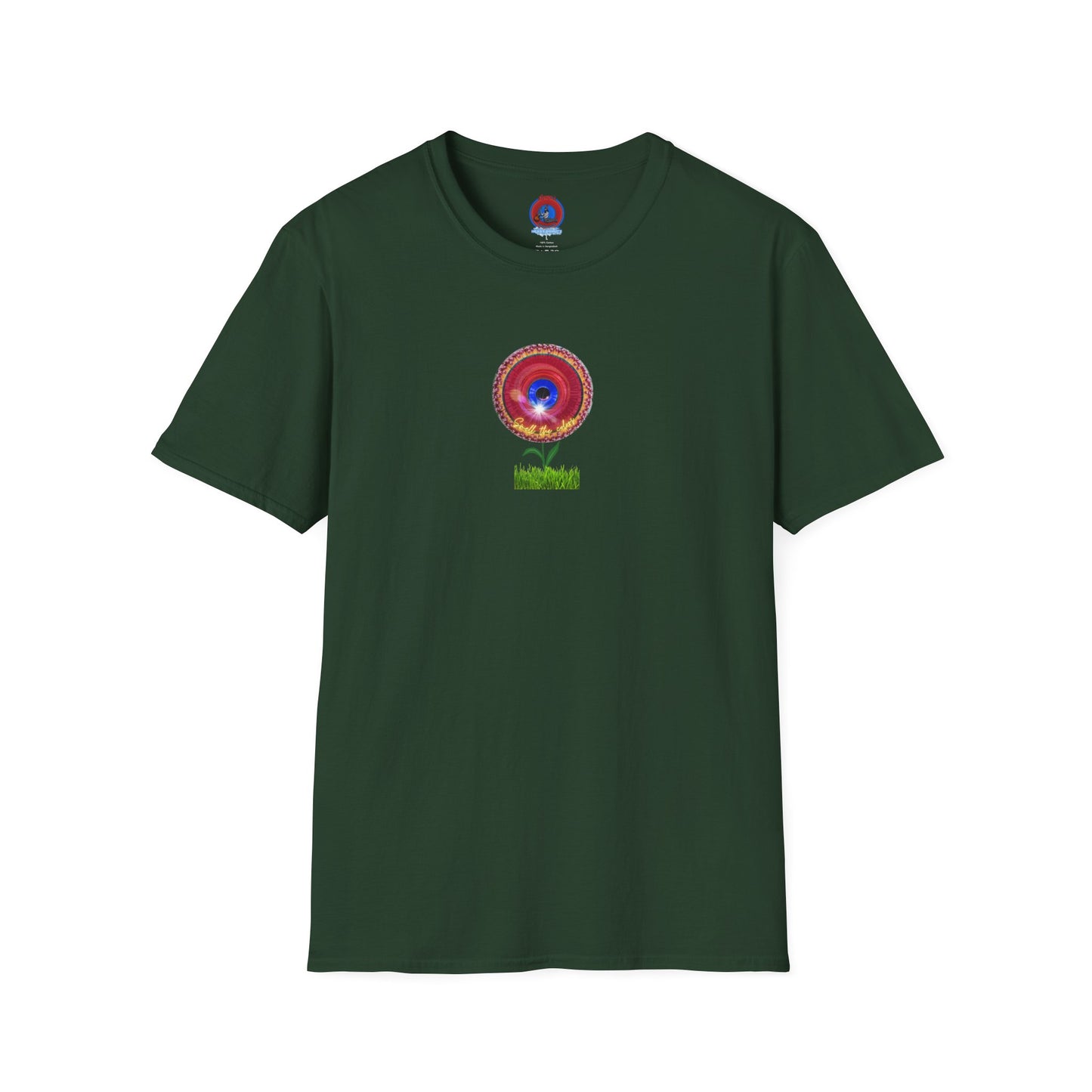 Classic Donut Tee - Unisex Soft-Style - "Smell the Donuts Outside on my Lawn"  " variant 2 - blue donut on red donut/flower
