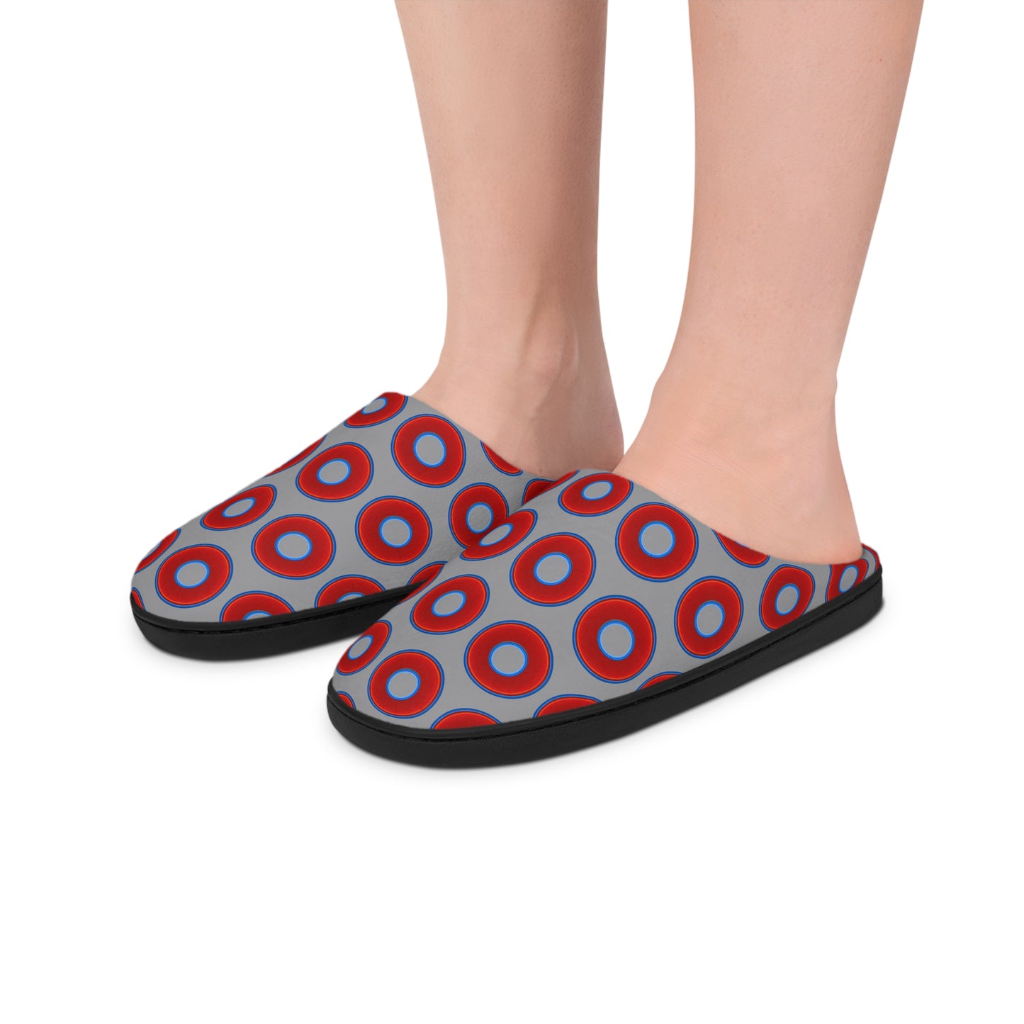Women's Lumpy Slippers - red vivid donut print w/gray background