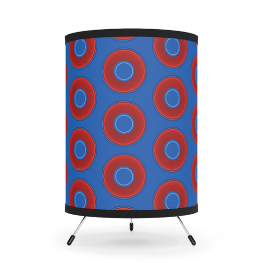 Lumpy Tripod Donut Lamp - vivid red donuts w/dark royal blue background
