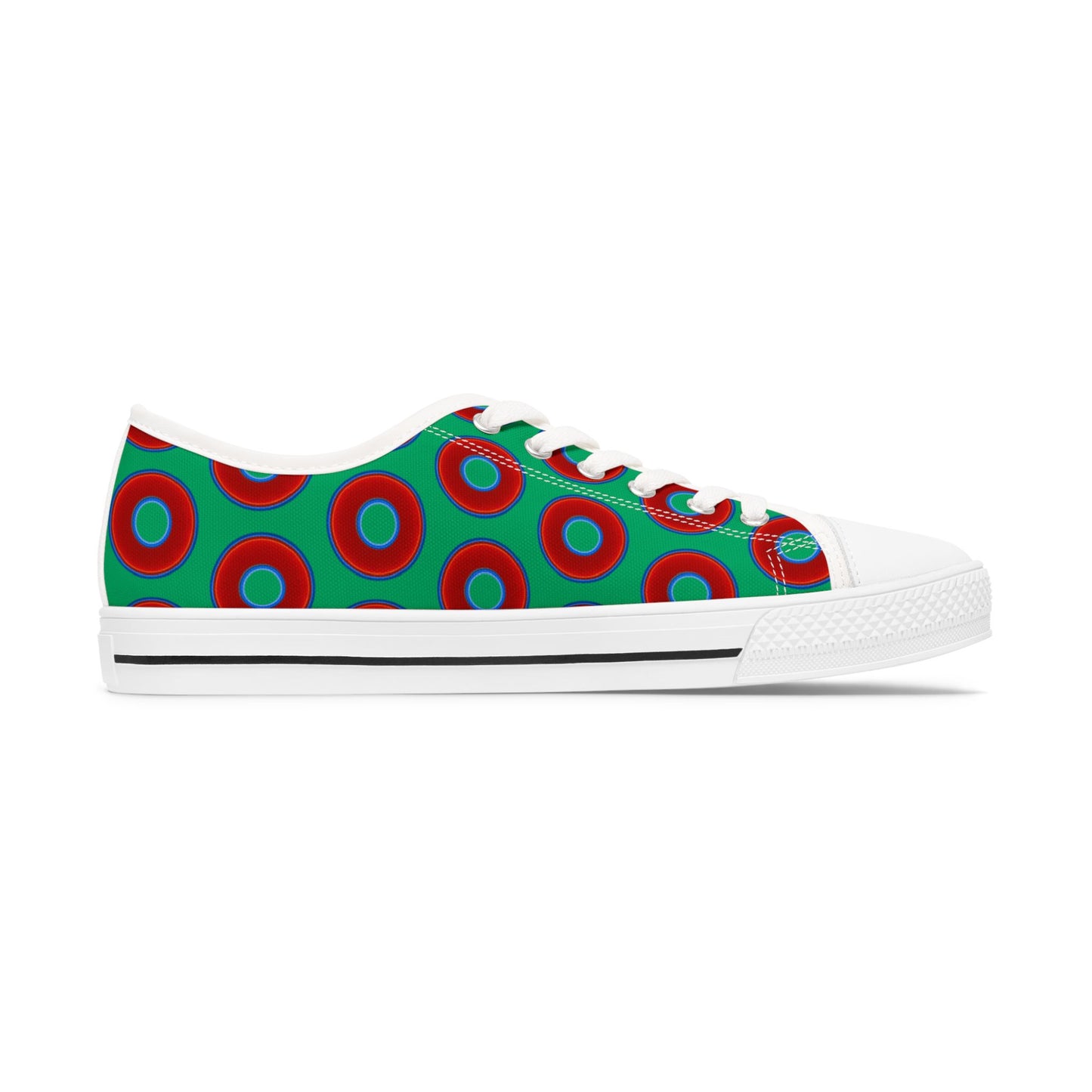 Women's - Low Top Chuck Taylors - large vivid red donut print w/jade green background