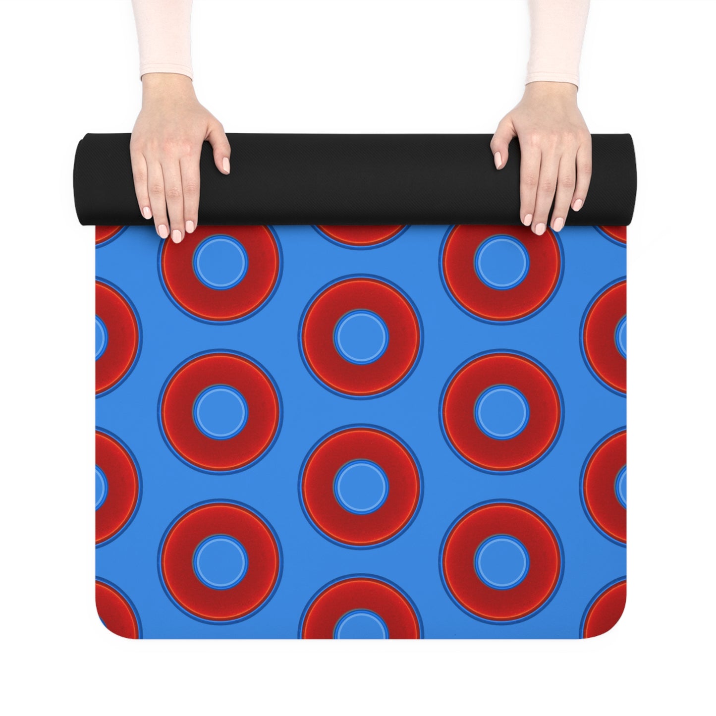 Lumpy Donut Yoga Mat :) - 24″ x 70" - vivid red donut print w/light royal blue background