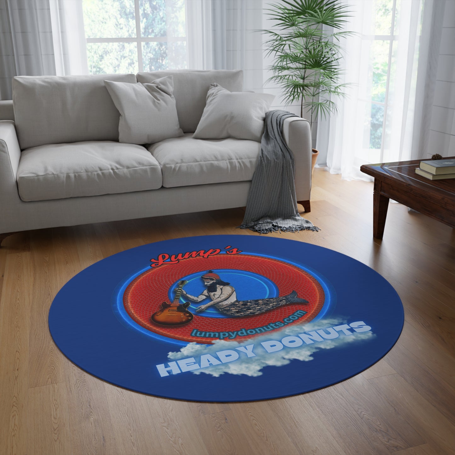 Round Room - 5 ft x 5 ft Lumpy Donut Rug - "Lump's Logo Donut Rug" - rustic red donut w/dark blue background