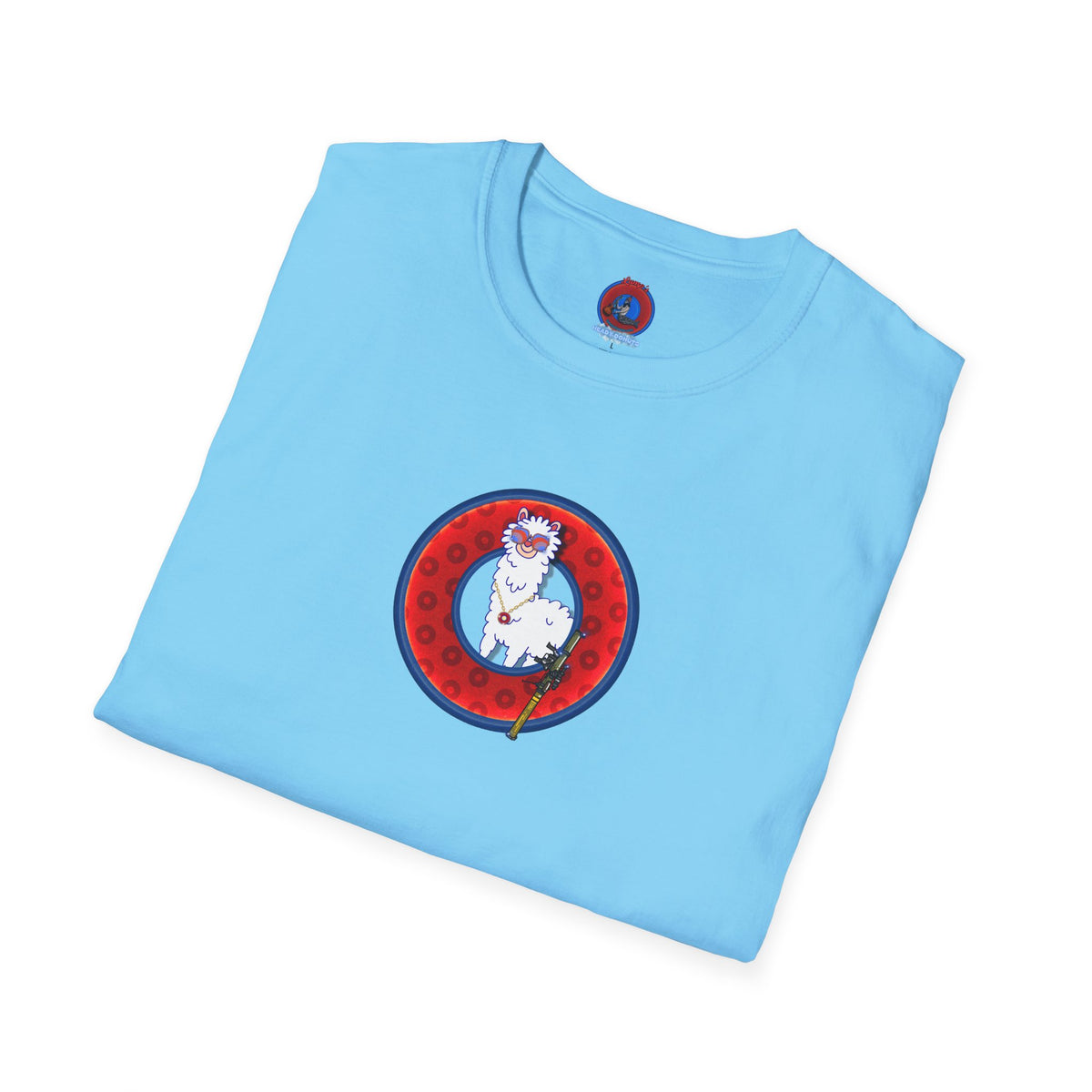 Classic Donut Tee - Unisex Soft-Style - "Medium Paced Llama Donut" - red/blue widemouthed paradox donut
