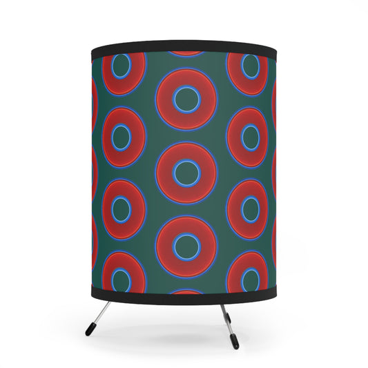 Lumpy Tripod Donut Lamp - vivid red donuts w/dark Fenway green background