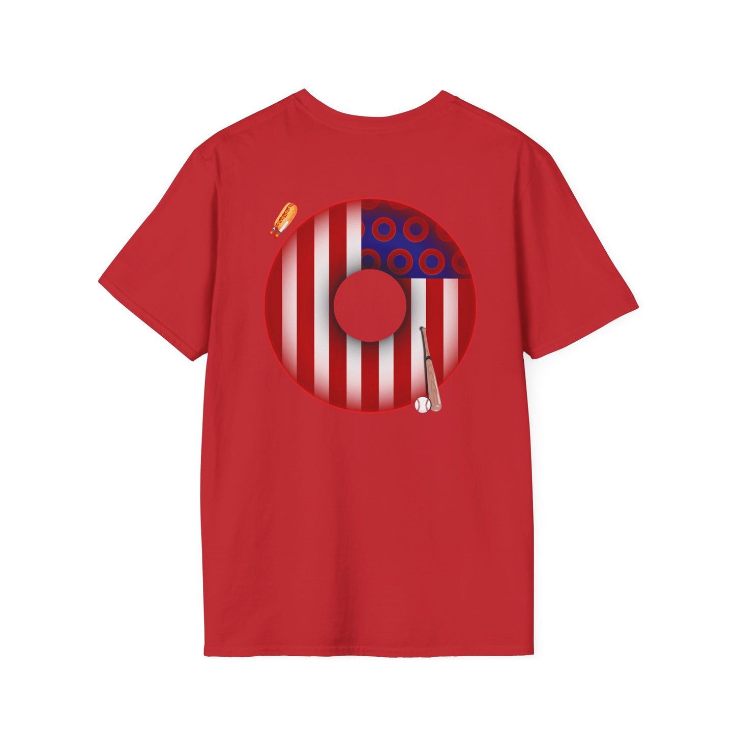 Classic Donut Tee - Unisex Soft-Style - "Uncle Sam's Donuts & Stripes" - vivid flag donut w/raw dogger
