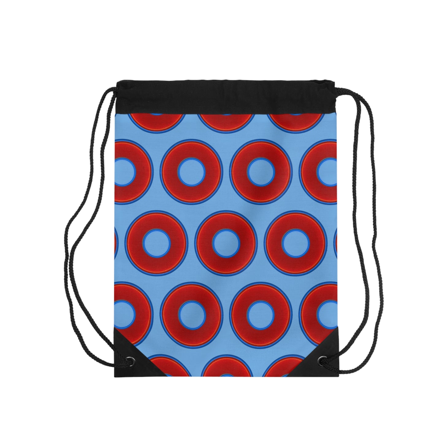 Lumpy Donut Drawstring Bag - red vivid donuts print w/light blue background