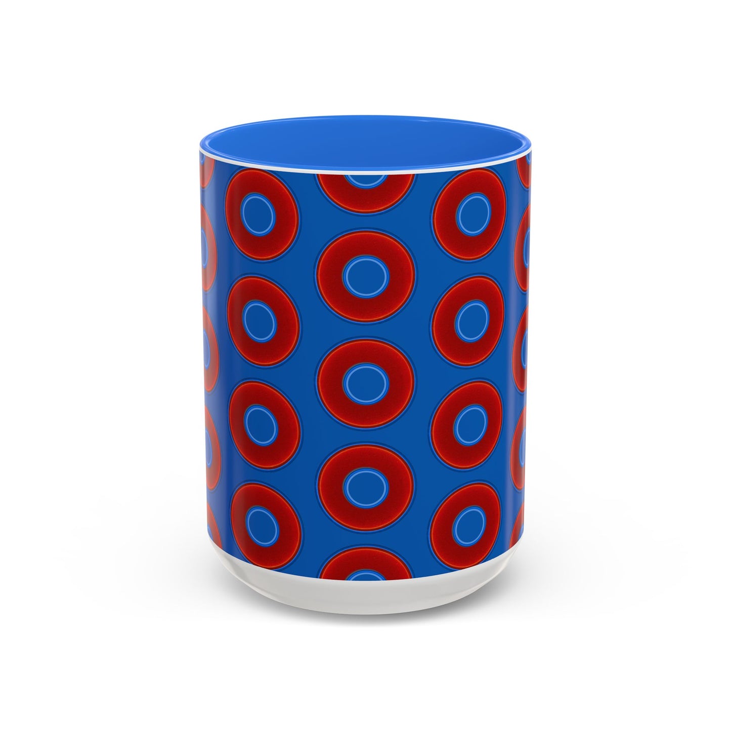 Lump's Grumpy Coffee Mug - vivid red donuts w/dark royal blue background