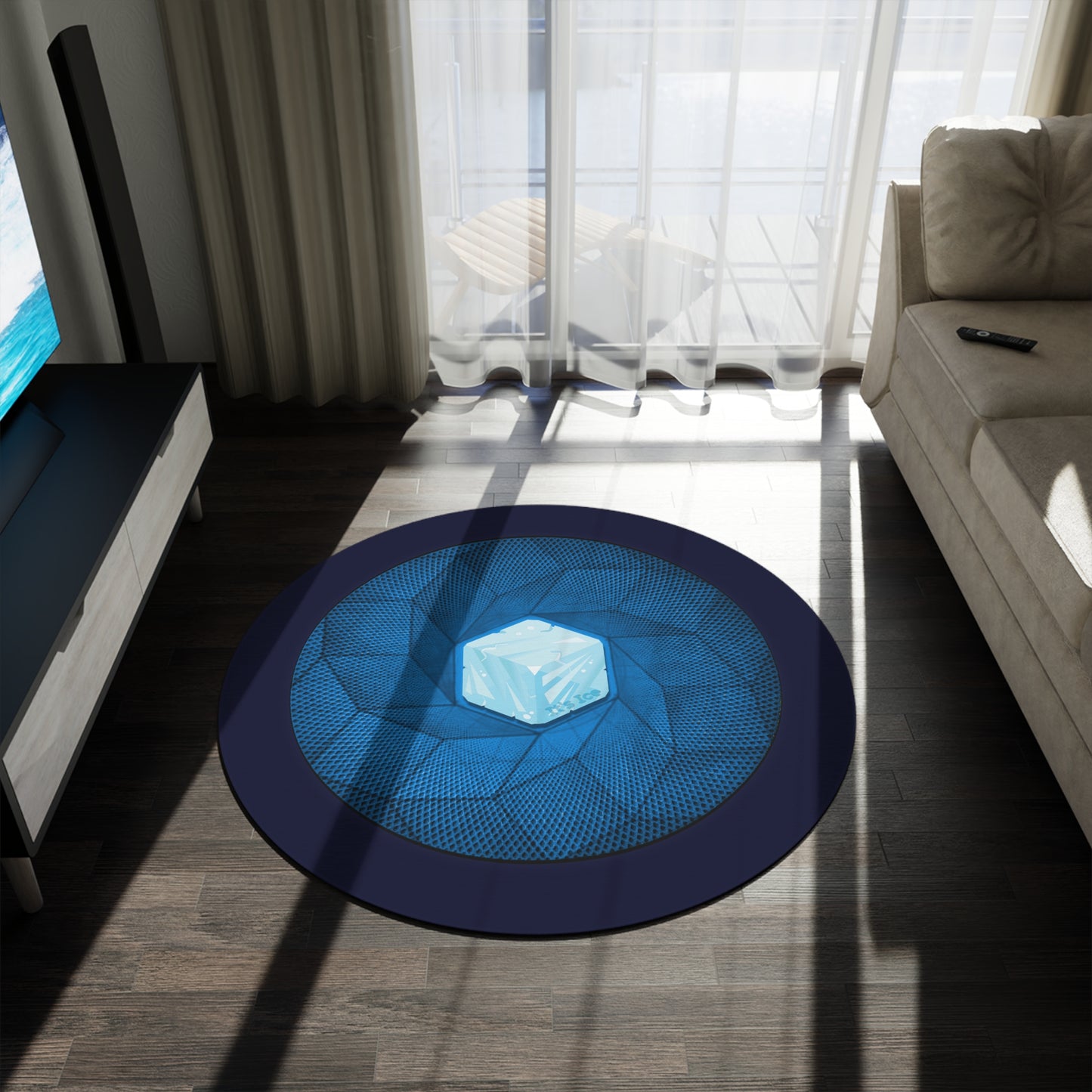 Round Room - 5 ft x 5 ft Lumpy Donut Rug - "It's Ice... Cube's Donut Rug" - cubed blue donut w/dark navy background - variant 2