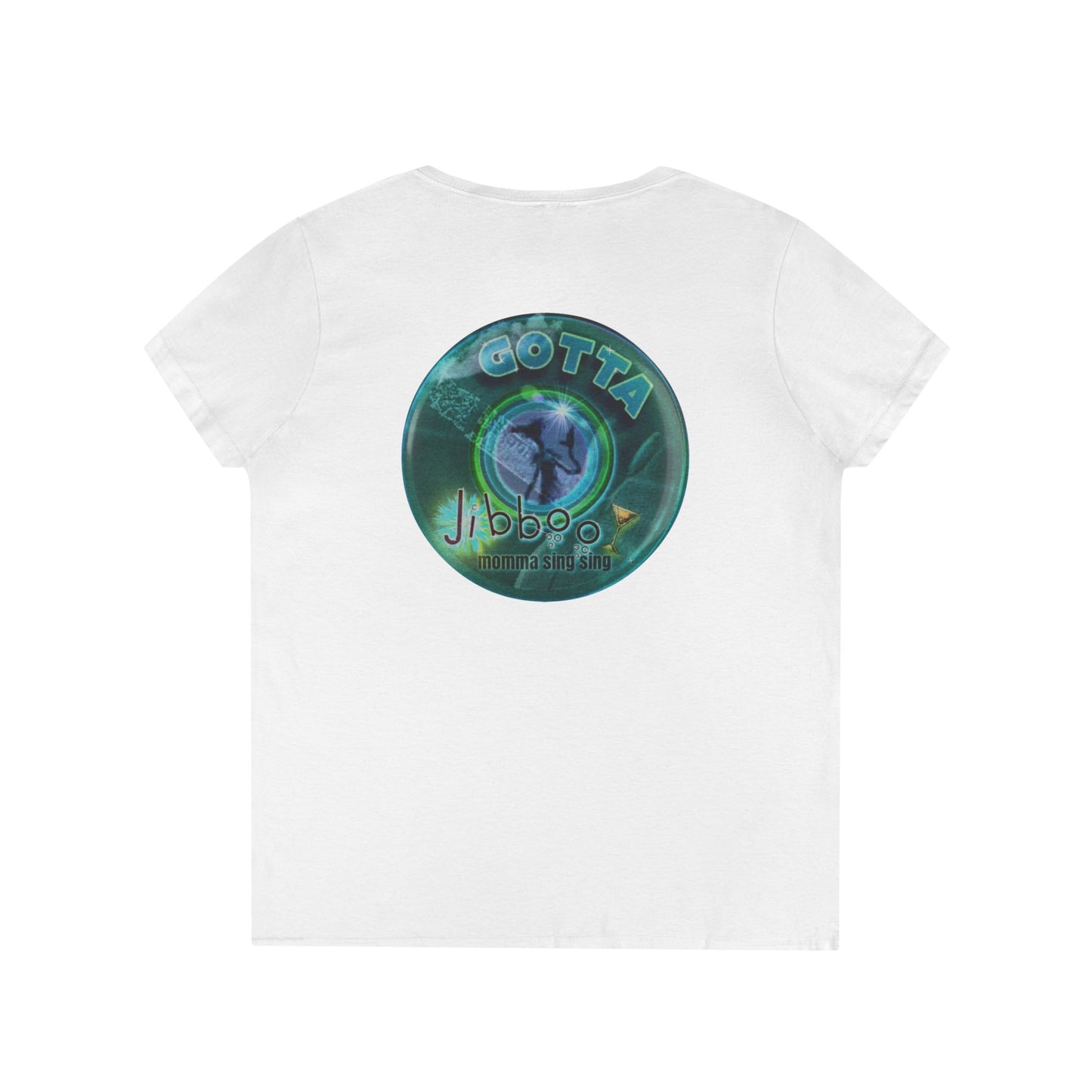 Women's Donut V-Neck Tee - "Momma just got out of Sing Sing" - vivid teal green donut w/