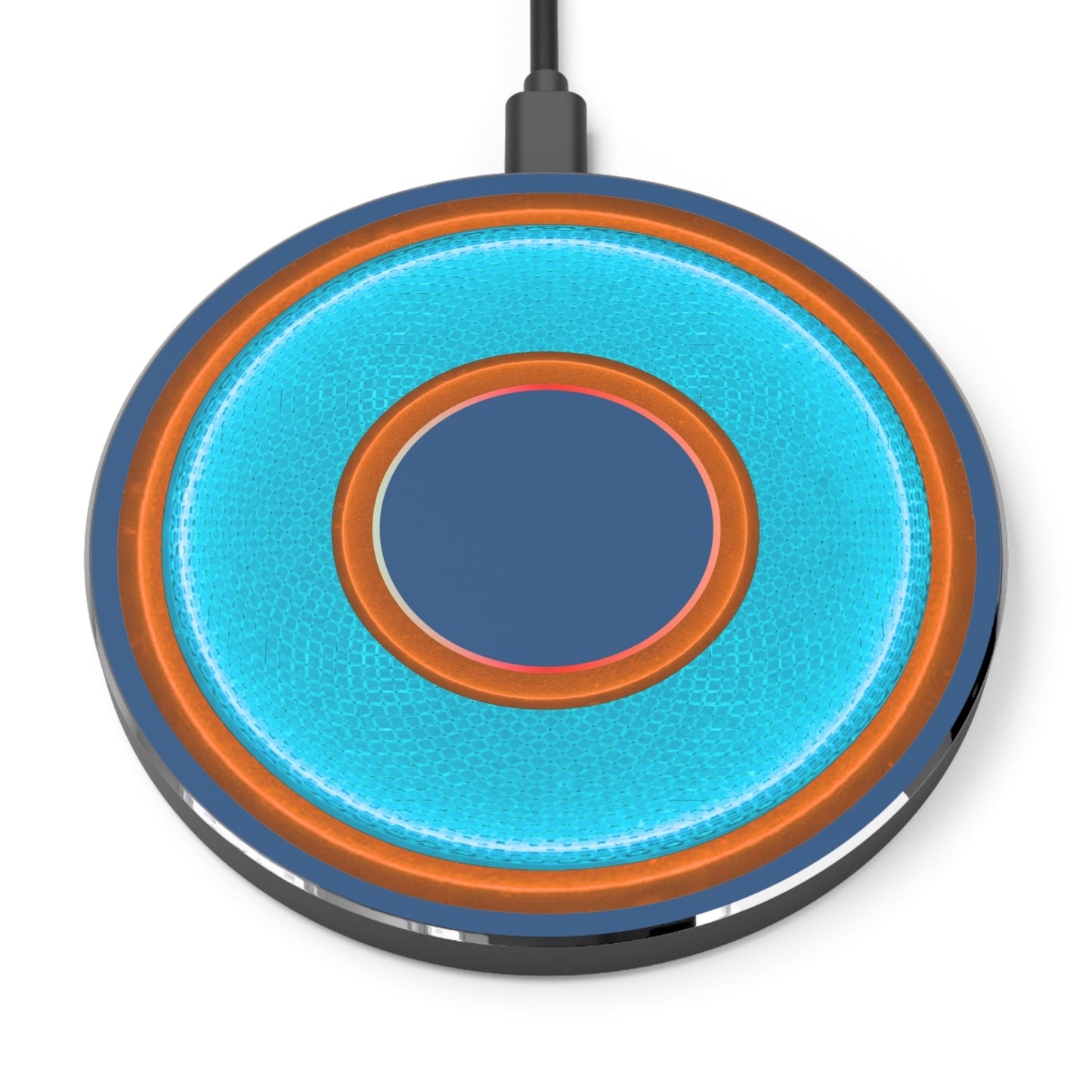 The Flow - Wireless Lumpy Donut Chargers - rustic light blue/orange donut w/light navy background