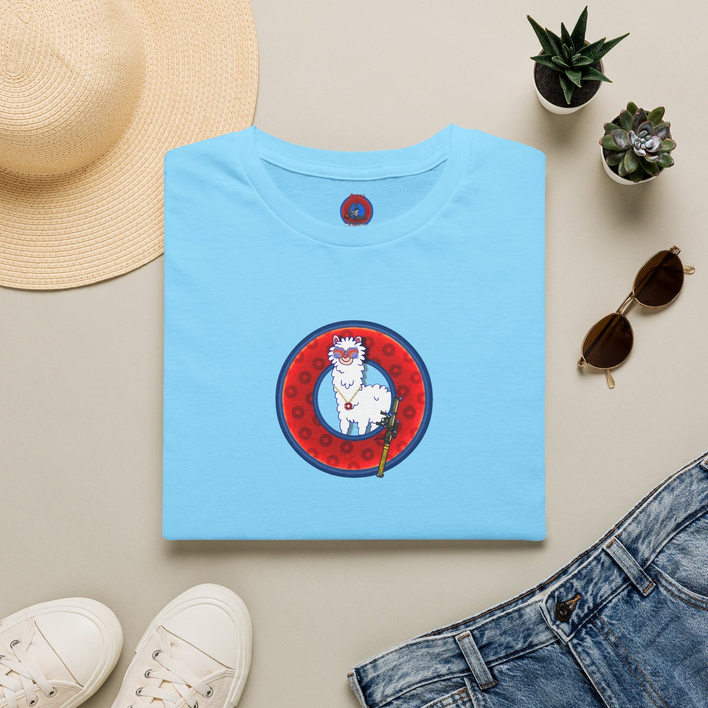 Classic Donut Tee - Unisex Soft-Style - "Medium Paced Llama Donut" - red/blue widemouthed paradox donut