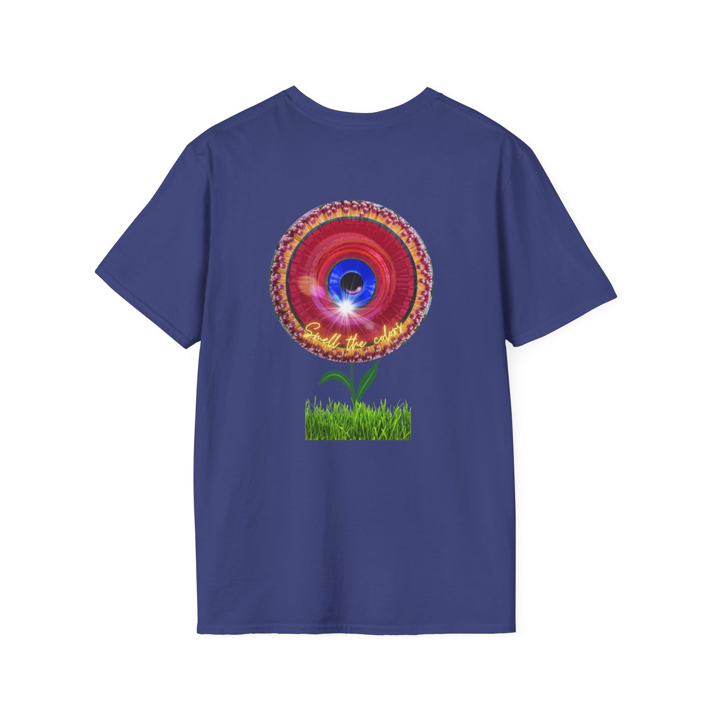 Classic Donut Tee - Unisex Soft-Style - "Smell the Donuts Outside on my Lawn"  " variant 2 - blue donut on red donut/flower