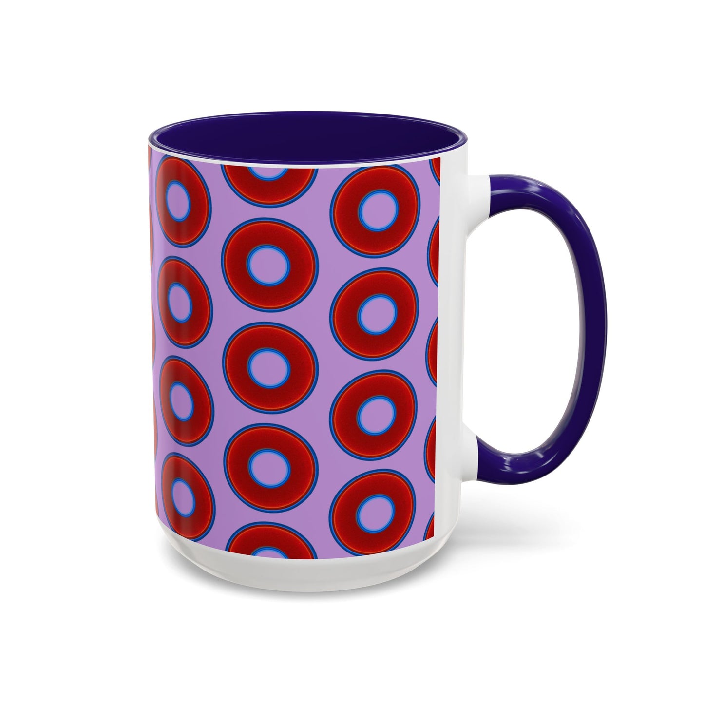 Lump's Grumpy Coffee Mug - vivid red donuts w/wisteria purple background