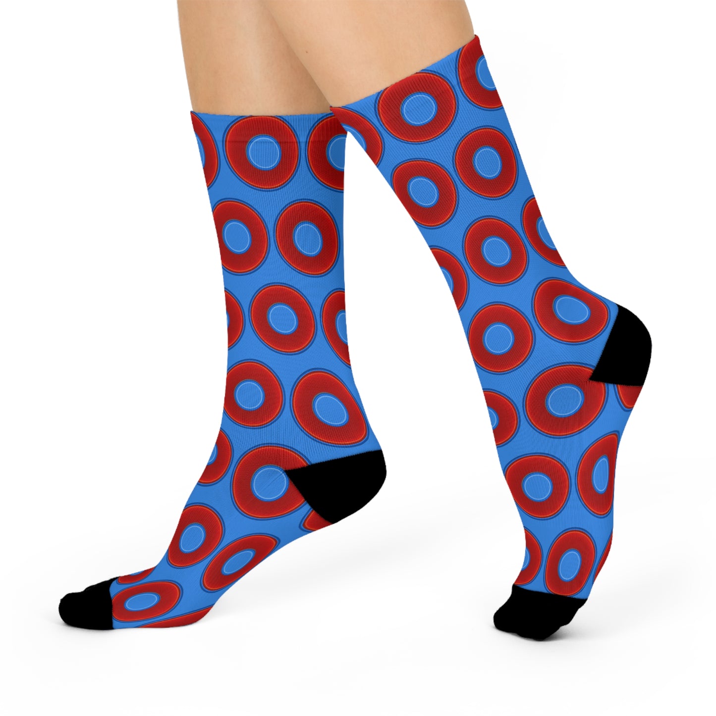 Lumpy Sox - cushioned crew - vivid red donut print w/light royal blue background