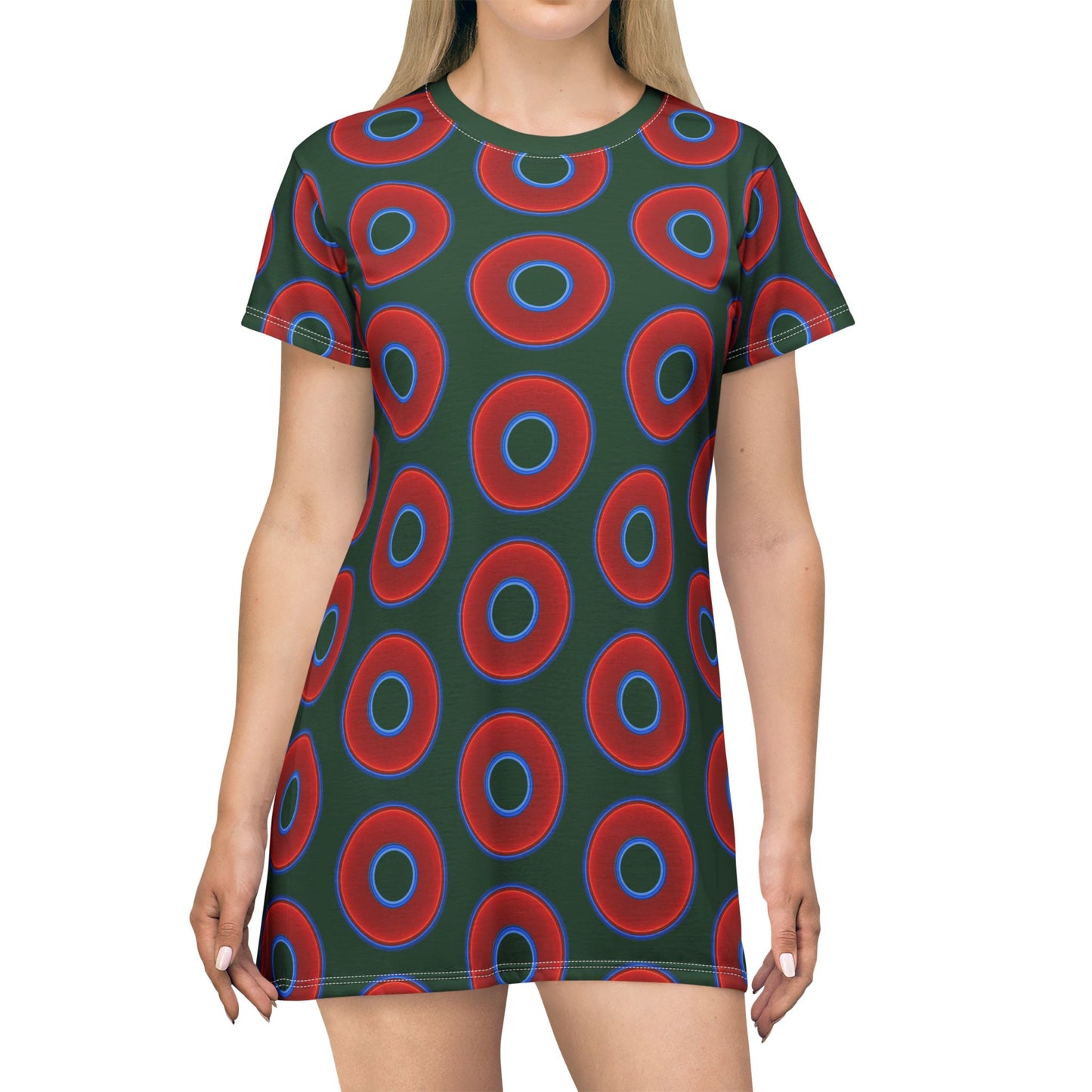 Not a Muumuu AOP Tee Shirt Dress - red vivid donuts w/deep pond green background