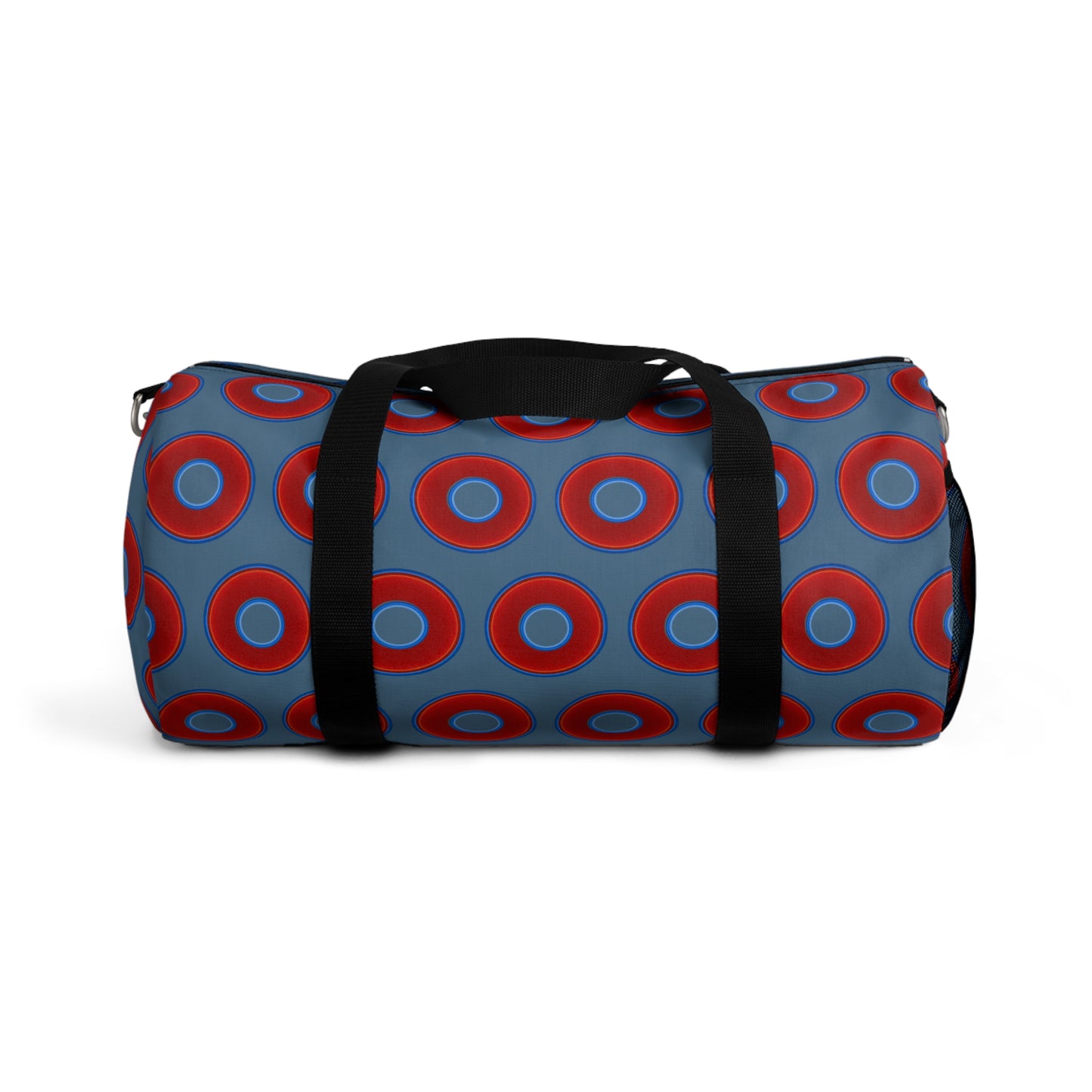 Lumpy Duffel - vivid red donuts w/steel blue background