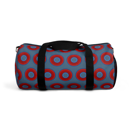 Lumpy Duffel - vivid red donuts w/steel blue background